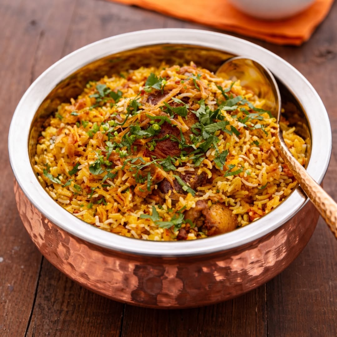 Goat biryani garnished with fresh herbs